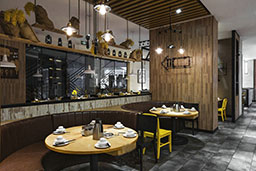 Hongkong jiumaojiu restaurant furniture-round wood table and stripe leather restaurant booth seating