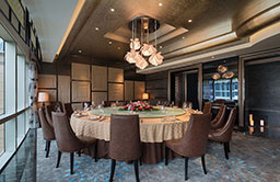 Malaysia Giga Babala restaurant furniture-big round dining table and antique leather dining chairs, half circle fabric booth seating