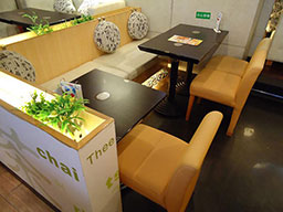 China Shenzhen RBT coffee room furniture-wood coffee table and leather dining chairs, plywood booth seating
