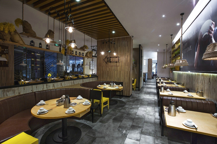 Hongkong jiumaojiu restaurant furniture_wood restaurant table and stripe dining booth seating set