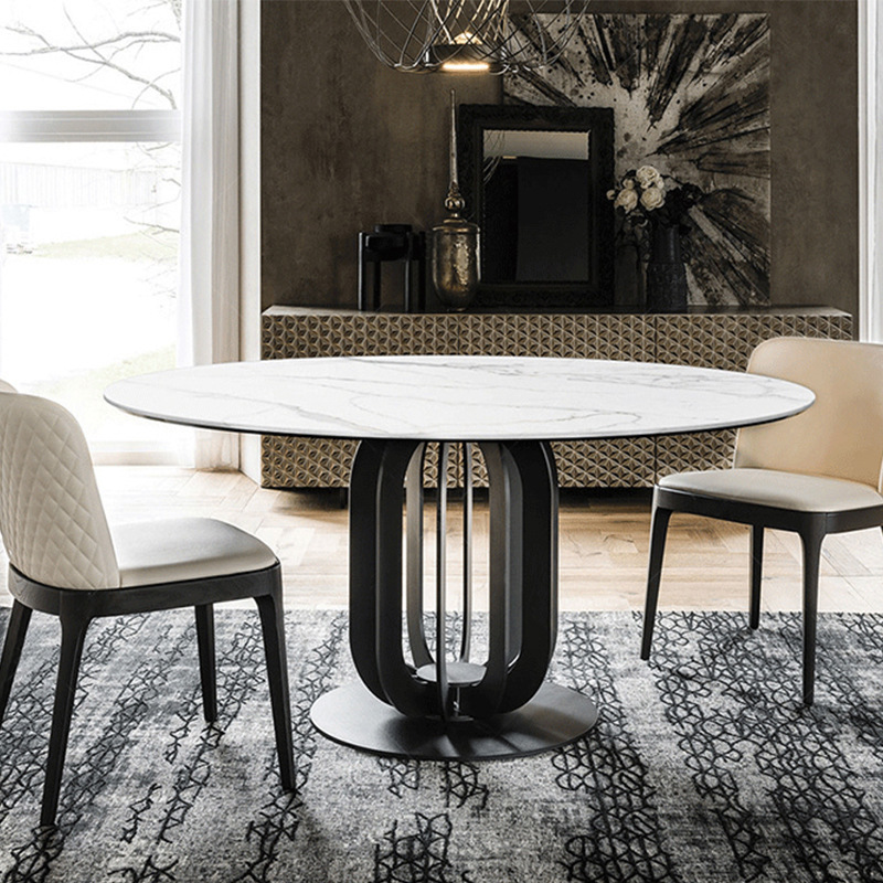 Modern design 150cm artifical stone brown color cafe tables 8 seat round coffee room bistro marble tables with round iron table base, modern round artifical stone cafe tables 1531