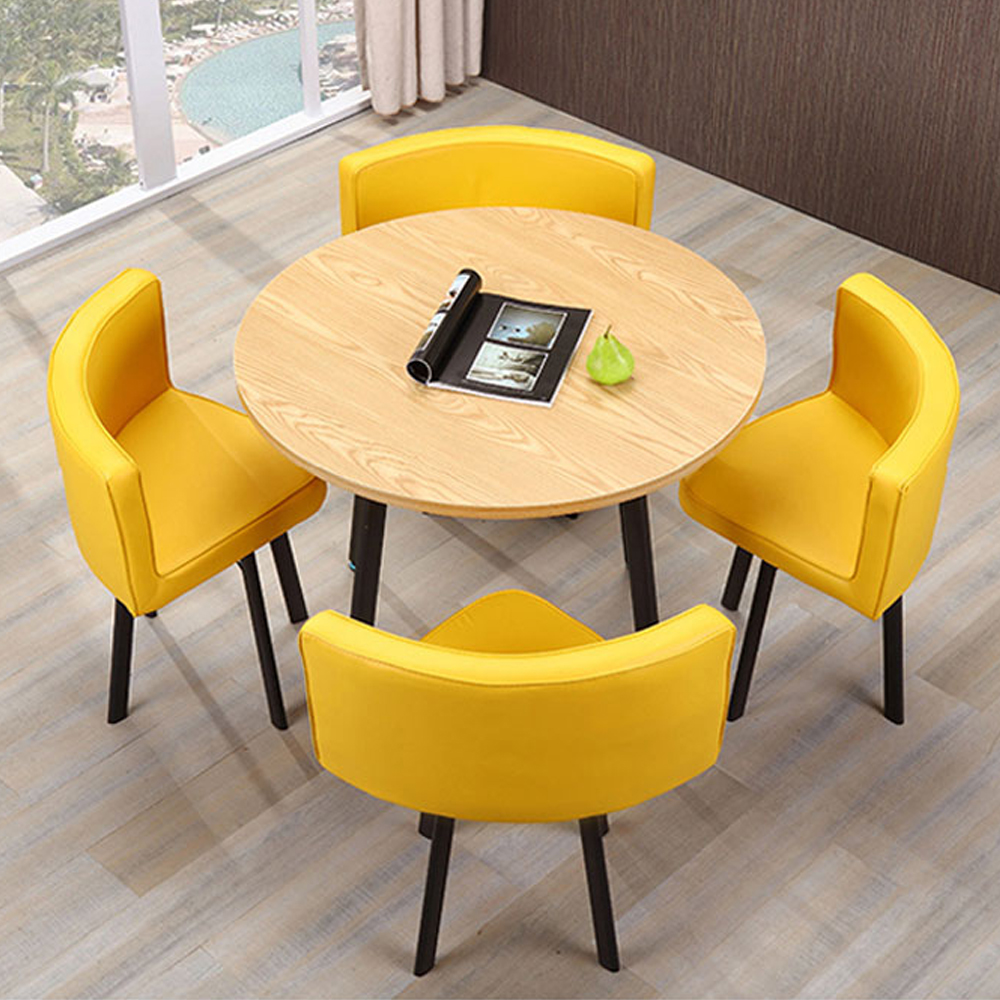 cafeteria modern round table and chairs set with wooden dining table tops and black iron table legs, wooden cafeteria yellow dining chairs frame with leather upholstered Modern cafeteria dinner yellow leather chairs and round wood table set, solid wooden round table and leather cafe room chairs, solid wood restaurant table and chairs 3017