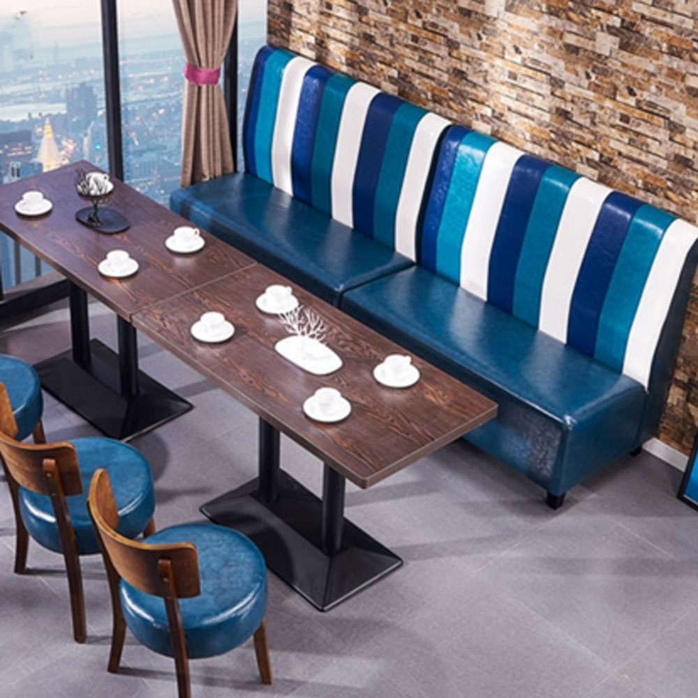 restaurant table and booths 3311_antique wood table and booth seating_stripe back booth seating and table set