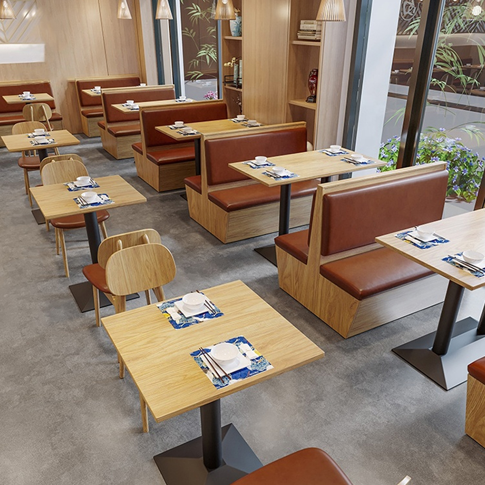 double wood dining booth table set with solid wood restaurant table top and iron table base, plywood and wood booth frame with leather upholstered back and seat Full package solution table and leather sofa booth sofa chairs for restauant/dining room design, restaurant table and booths 3315