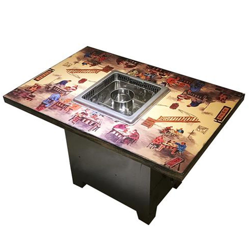 wood BBQ dining tables, commercial BBQ tables, restaurant wooden BBQ grilling table Custom 4 seat commercial korean BBQ wood dining smokeless hot pot table commercial induction cooker beech dining tables, wood hot pot tables furniture 4010