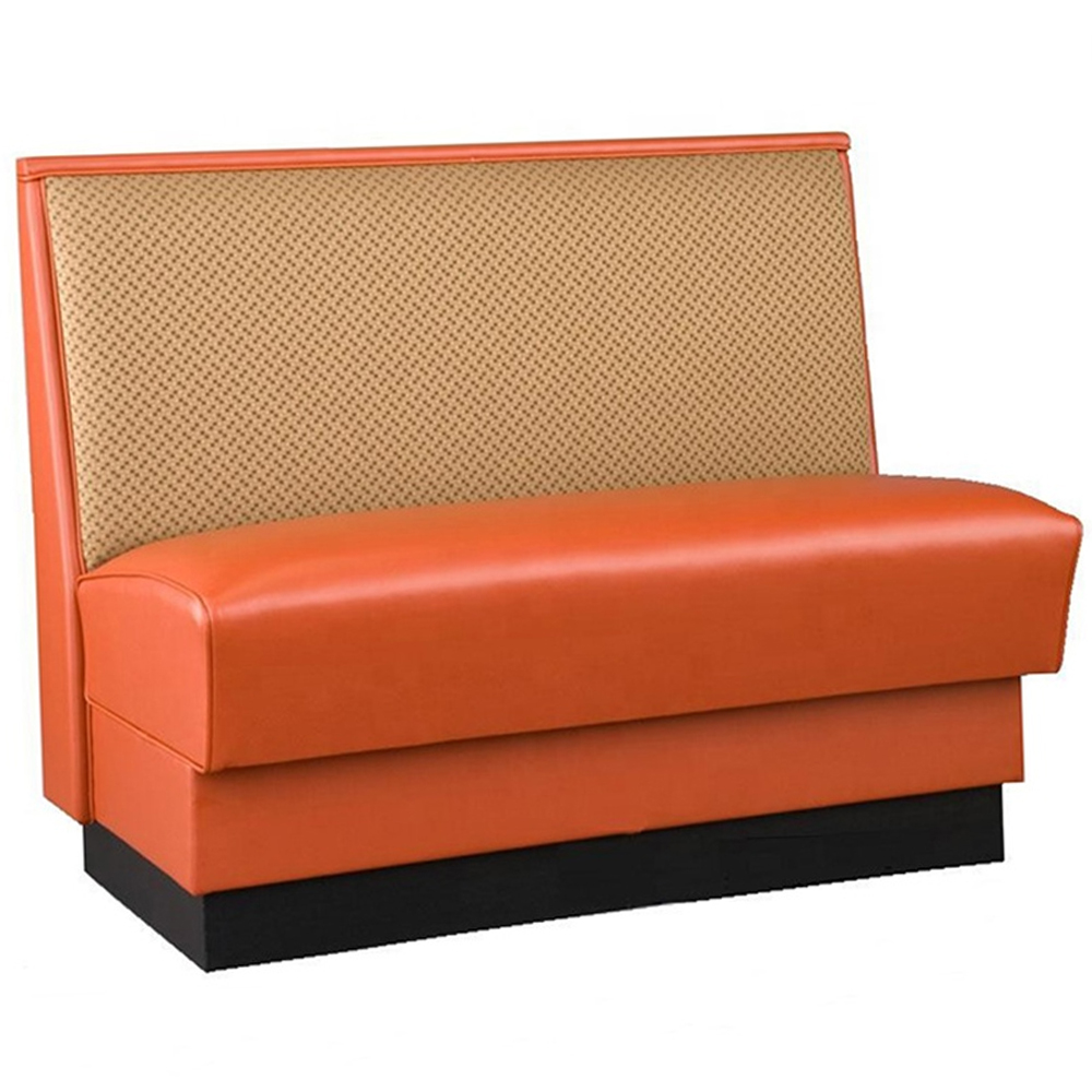 Produce fast food leather booths materials is plywood with wood diner booth / restaurant dining booth seating frame, and orange color leather upholstered restaurant booth seating with black fireproof foot Antique with black foot design used leather dining booth seating fast food room orange PU leather booths, fast food leather dining booths seating 5038
